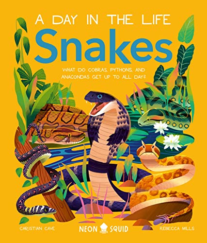 Book cover illustration featuring various colorful snakes in a jungle setting on yellow background.