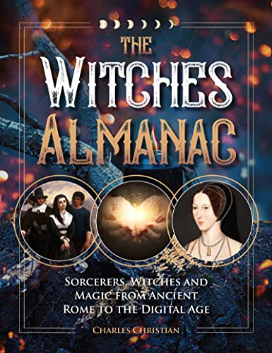 Book cover for "The Witches Almanac" with historical and magical imagery.