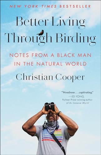Book cover featuring a Black man birdwatching against a blue sky.