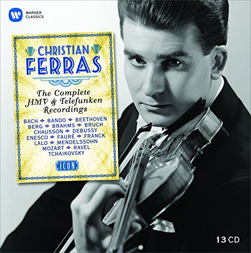 Black and white image of Christian Ferras playing violin, with text listing composers.