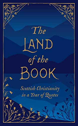 Book cover with gold lettering on a dark blue background, Scottish thistles.