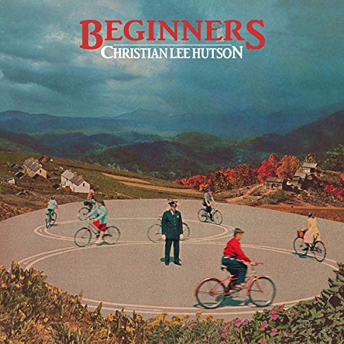 "Album cover with 'Beginners' in red, people cycling in a circular path."