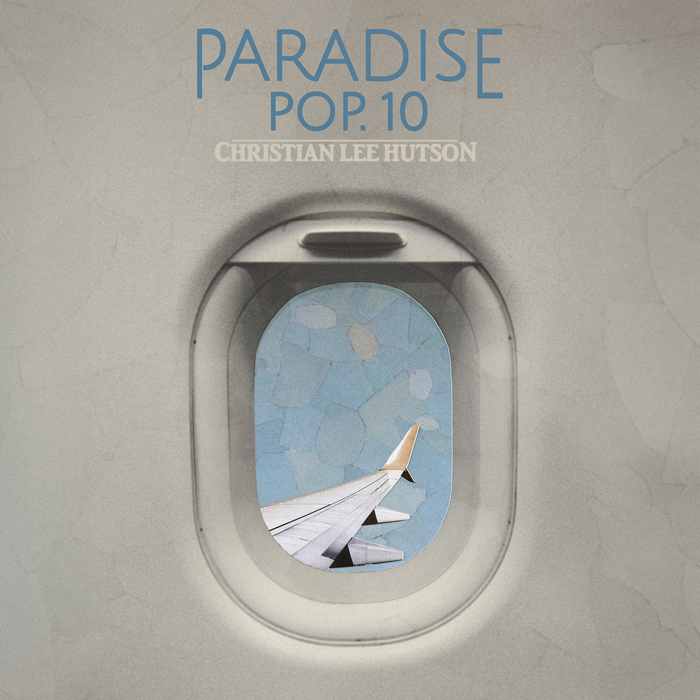 Album cover: airplane wing seen through a circular window.