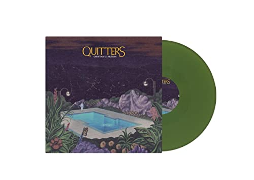 Quitters" album cover with a pool scene and olive green vinyl record.