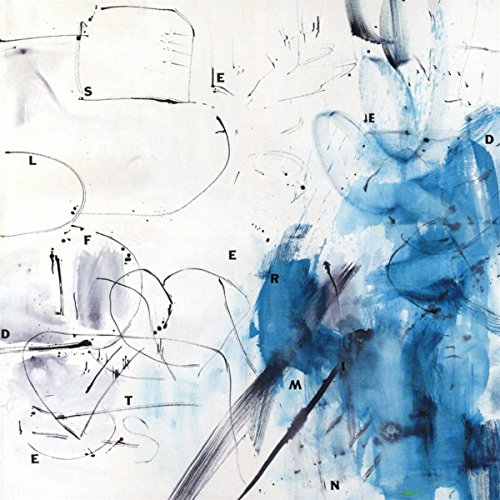 Abstract album cover with blue and black brushstrokes and scattered letters.