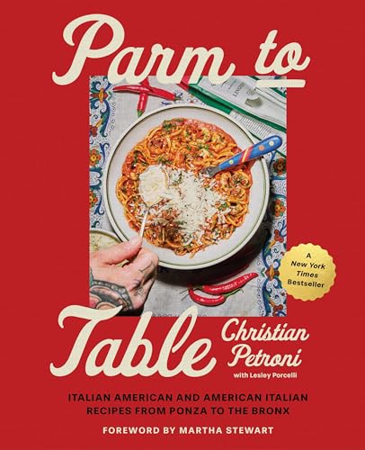 Cookbook cover with pasta, red peppers, and title “Parm to Table.”