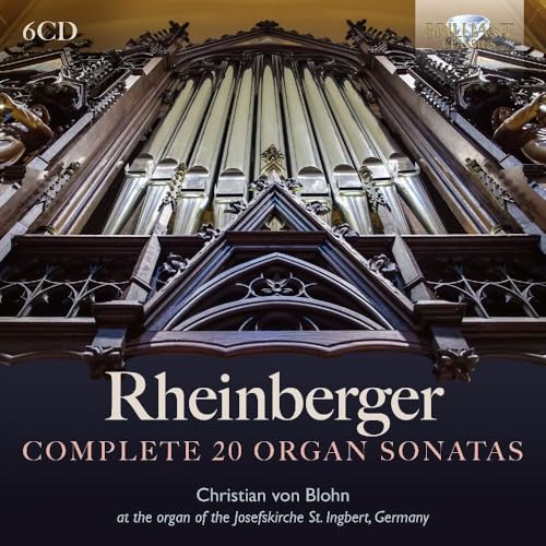 Low-angle view of a large pipe organ with text overlay for a music album.