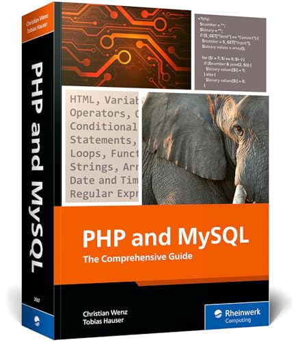 Book cover: "PHP and MySQL" with an elephant and code snippets.