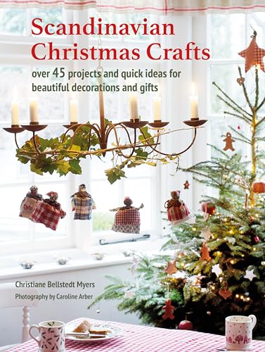 Book cover with Scandinavian Christmas decorations, a tree, and candle chandelier.