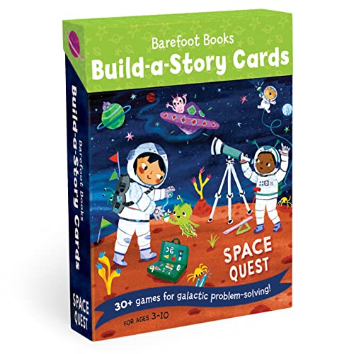 Colorful box for "Build-a-Story Cards: Space Quest" with astronauts and aliens.