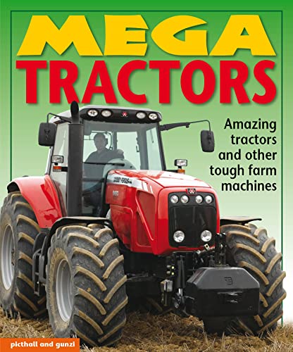 Large tractors with various attachments and details on a book cover or packaging.