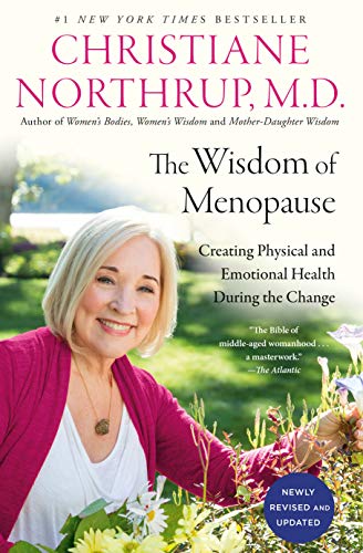 Book cover featuring a smiling woman in a garden, titled "The Wisdom of Menopause.
