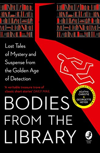 Book cover with bookshelves, a red doorway, and a white outline of a body.