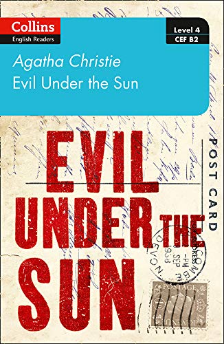 Book cover for Evil Under the Sun by Agatha Christie with a postcard background.