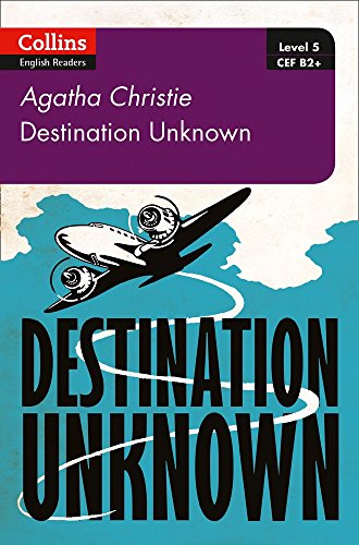Book cover: "Destination Unknown" by Agatha Christie, with an airplane.