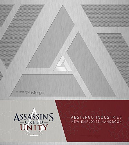 Silver and red book cover with "Assassin's Creed Unity" and Abstergo logo.