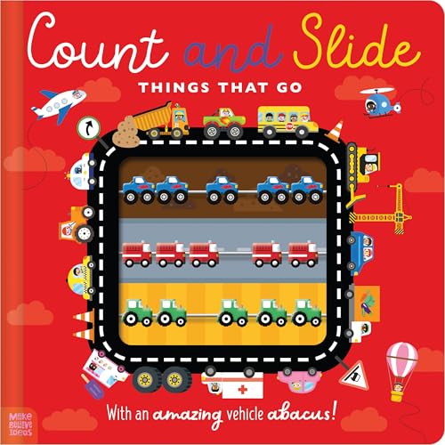 Children's book cover with colorful vehicles and a sliding counting mechanism.