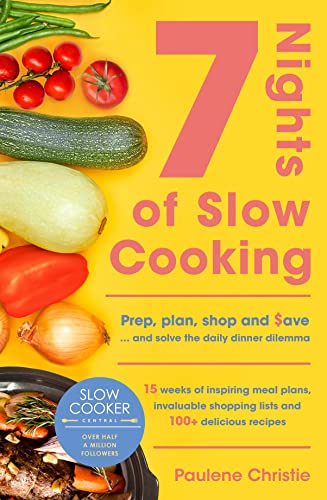 Cookbook cover with yellow background, fresh vegetables, and title 7 Nights of Slow Cooking.