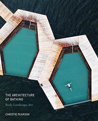 Aerial view of geometric pools with a swimmer, book cover shown.