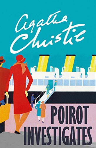 Book cover: "Poirot Investigates" with figures near a ship.