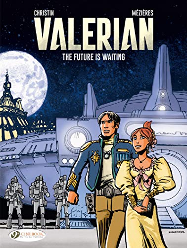 Valerian and Laureline stand before futuristic architecture under a full moon.