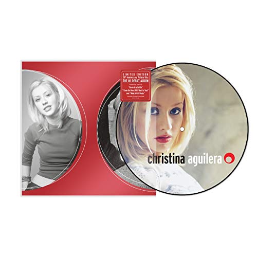 Christina Aguilera’s self-titled vinyl record with portrait cover and red accents.