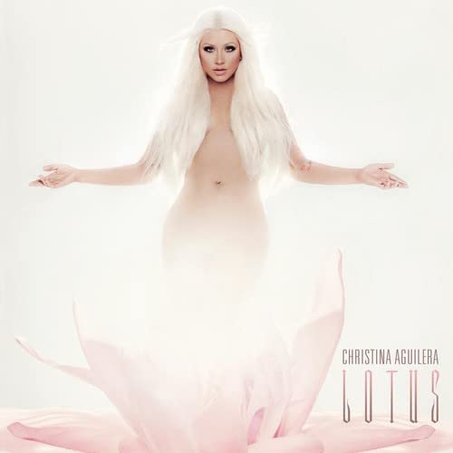 Christina Aguilera album cover, “Lotus”, featuring a pale, floral image.