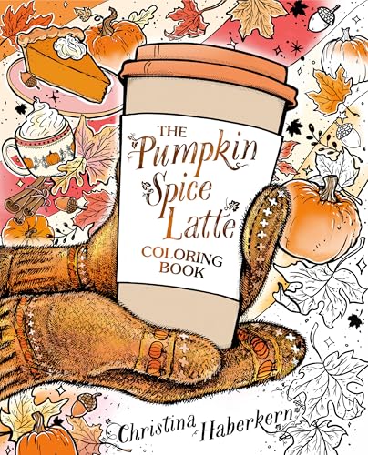 Hand holding a pumpkin spice latte coloring book with autumn details.