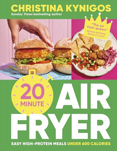 Cookbook cover featuring air fryer meals: burgers, falafel, and a 20-minute timer.