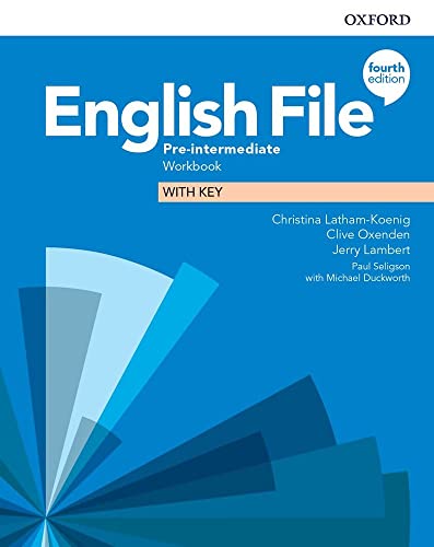 Blue “English File” Pre-Intermediate workbook, fourth edition, with key.