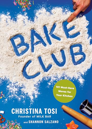 Cookbook cover with “BAKE CLUB” written in flour, baking tools visible.