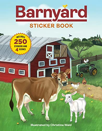 Cover of Barnyard Sticker Book featuring a red barn, cow, goat, and green tractor.
