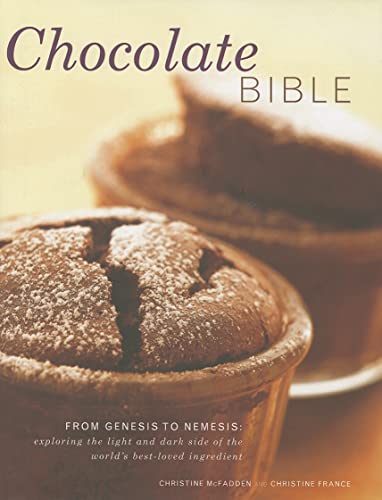 Book cover titled Chocolate Bible featuring two chocolate lava cakes dusted with sugar.
