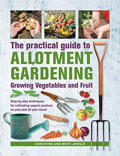 Book cover: "Practical Guide to Allotment Gardening" with gardening tools and produce.