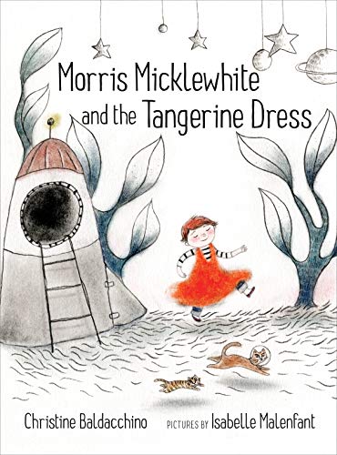 Boy in red dress plays near a rocket and two tigers.