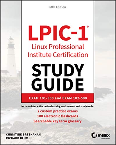 LPIC-1 study guide cover with lighthouse image and red, white text.