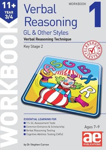 Front cover of a Verbal Reasoning workbook for years 3 and 4 with clown illustration.