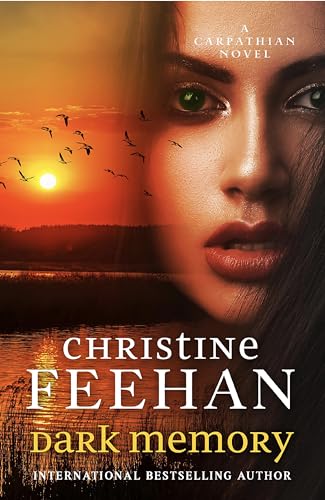 Book cover: Woman’s face with sunset and birds, title “Dark Memory.”
