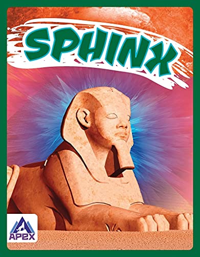 Image of a tan sphinx statue against a red and purple burst background.