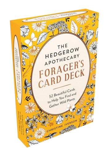 A yellow box featuring botanical illustrations and the title The Hedgerow Apothecary Forager's Card Deck.