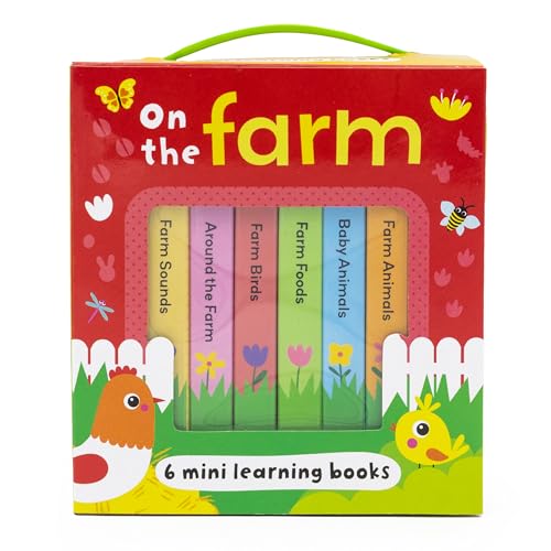 Red box set of six small farm-themed learning books for children.