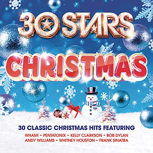 CD cover with "30 Stars Christmas" text, blue ornaments, snowflakes, and a snowman.