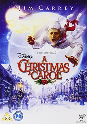 "A Christmas Carol DVD cover featuring Jim Carrey as a ghostly figure."