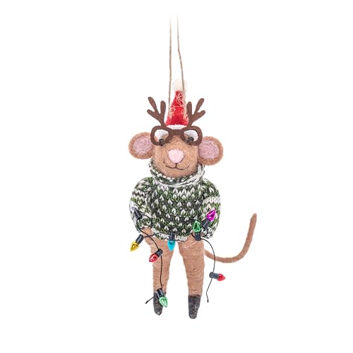 Felt mouse decoration wearing a Santa hat and Christmas sweater.