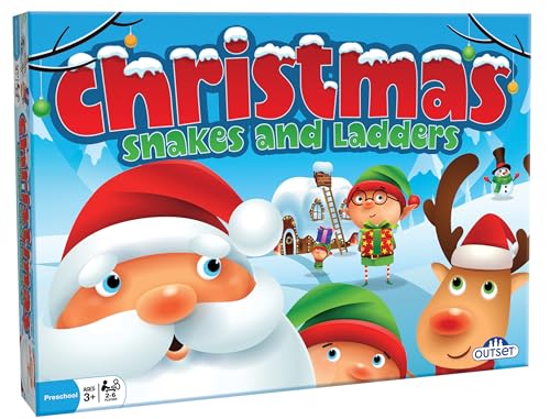 Christmas Snakes and Ladders game box with Santa, elf, and reindeer.