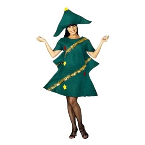 Woman wearing a green Christmas tree costume with gold garland.