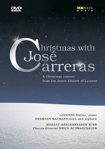 DVD cover for "Christmas with Jose Carreras" featuring a snowy night sky with stars.