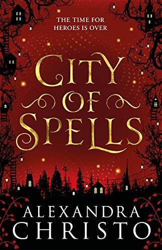 Book cover: red background with gold lettering, silhouetted trees, and buildings.