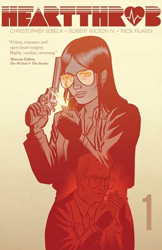 Comic book cover: woman with gun, overlaid with a doctor’s face.