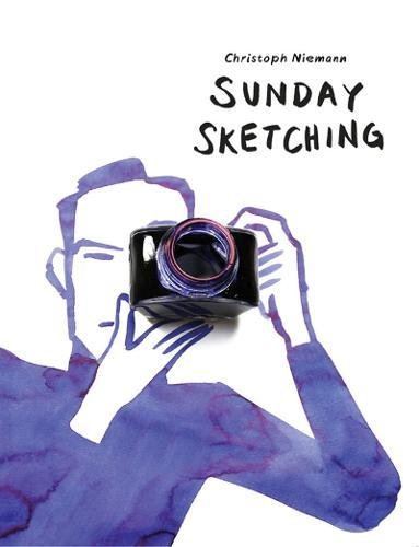 Book cover: "Sunday Sketching" with a sketched face and camera.